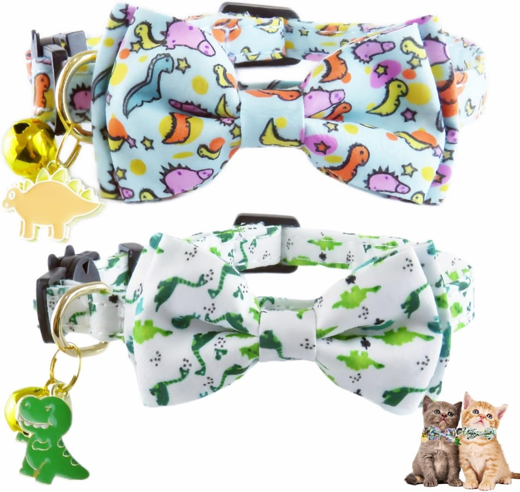 2 Pack Cat Collars Breakaway for Boy Girls, Cute Soft Kitty Cat Bowtie Collar with Bells for Male Female, Dinosaurs Pattern Cotton Adjustable Kitten Collar with Bow Tie (Dinosaur)