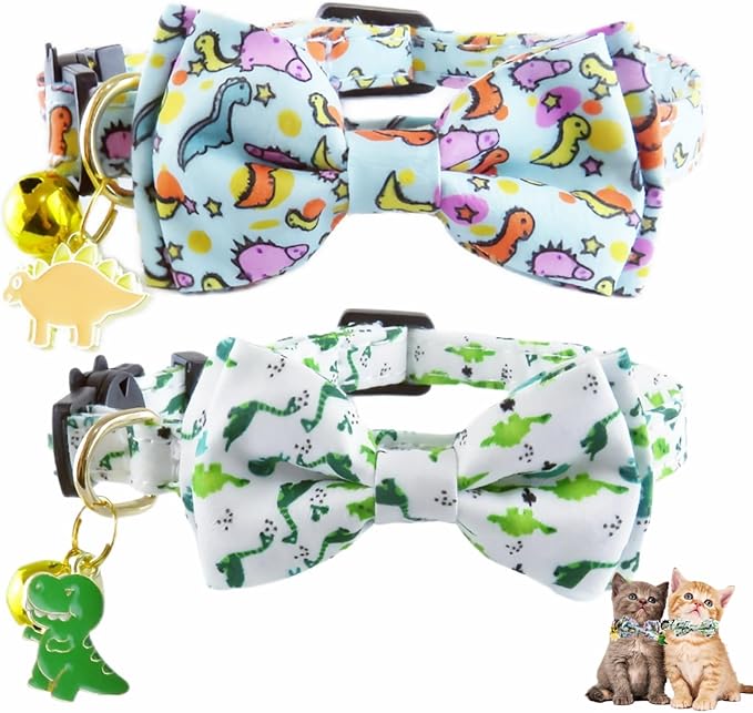 2 Pack Cat Collars Breakaway for Boy Girls, Cute Soft Kitty Cat Bowtie Collar with Bells for Male Female, Dinosaurs Pattern Cotton Adjustable Kitten Collar with Bow Tie (Dinosaur)