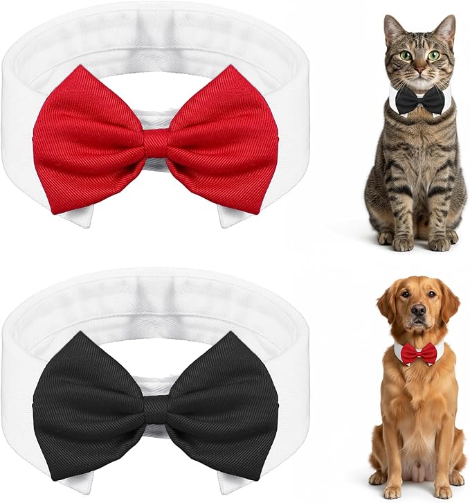 2 PCS Adjustable Dog Bow Tie Length 3.54inch Width 2.36inch Cotton Dog Collar Bow Tie for Dogs for Wedding Birthday Party Cosplay Christmas Halloween Pets Grooming Dogs Bowtie(Black, Red)