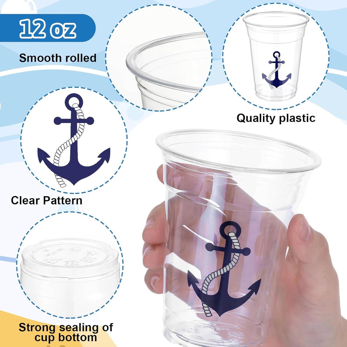100 Pcs Nautical Disposable Plastic Cups 12 oz Anchor Theme Blue Clear Party Cups Cold Beverage Drinking Container for Nautical Ocean Theme Birthday Party Supplies