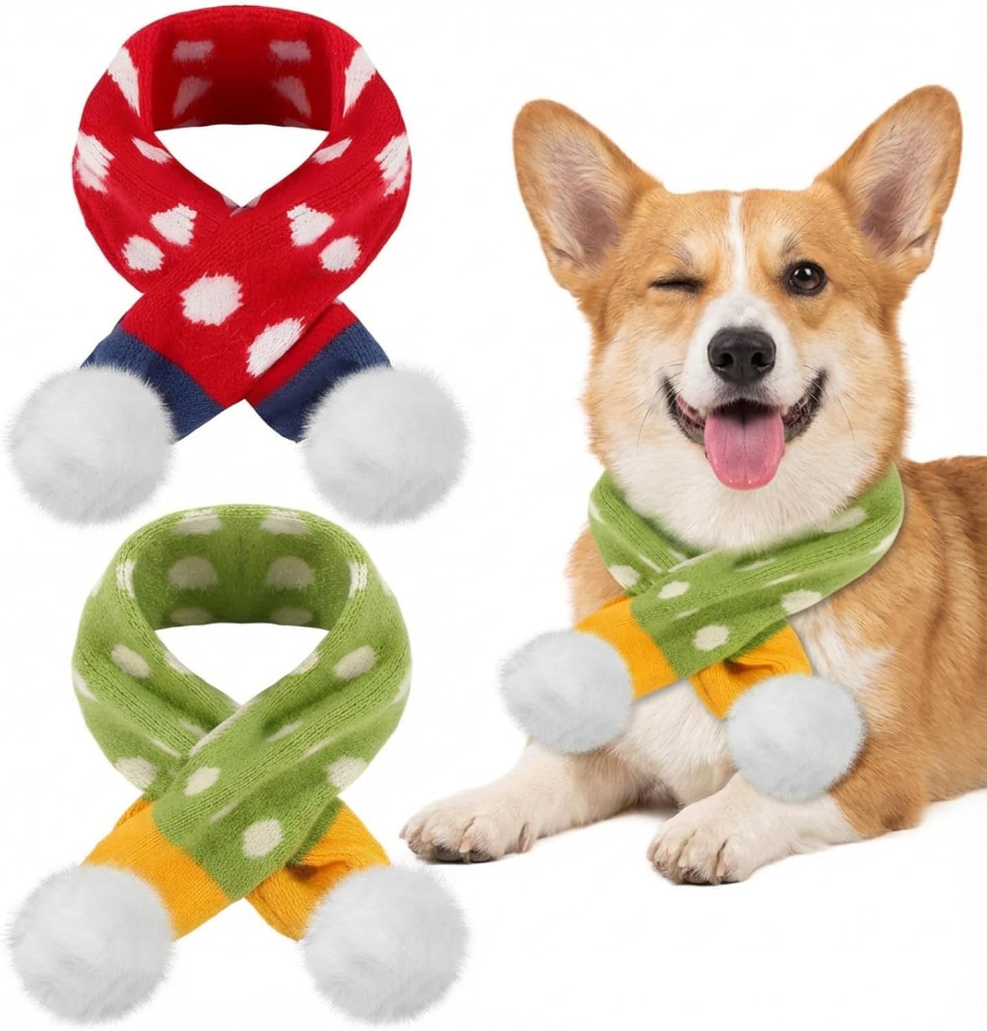 2 Pcs Dog Knitted Scarf Winter Pet Fleece Scarf Dog Warm Scarves with Cute Pompom Puppy Knit Scarves for Small Medium Pet Puppy Cat Winter Holiday Party(Green, Blue,Squares)