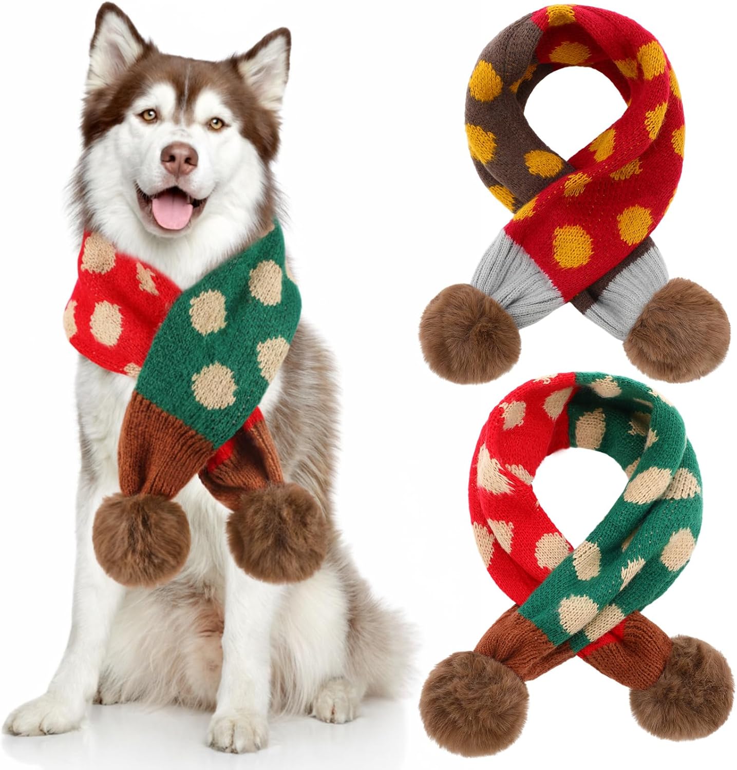 2 Pcs Dog Knitted Scarf Winter Pet Fleece Scarf Dog Warm Scarves with Cute Pompom Puppy Knit Scarves for Small Medium Pet Puppy Cat Winter Holiday Party(Green, Blue,Squares)