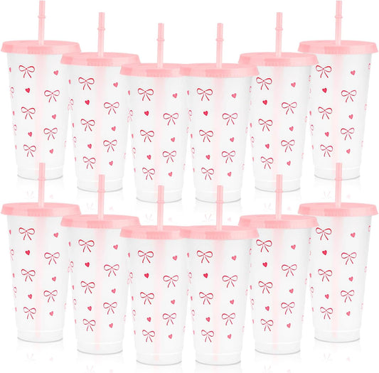 12Pcs 24 oz Blue Bow Plastic Cups with Straw and Lid, Reusable Coquette Bow Tie Cold Cups for Wedding Baby Shower Birthday Party Decor