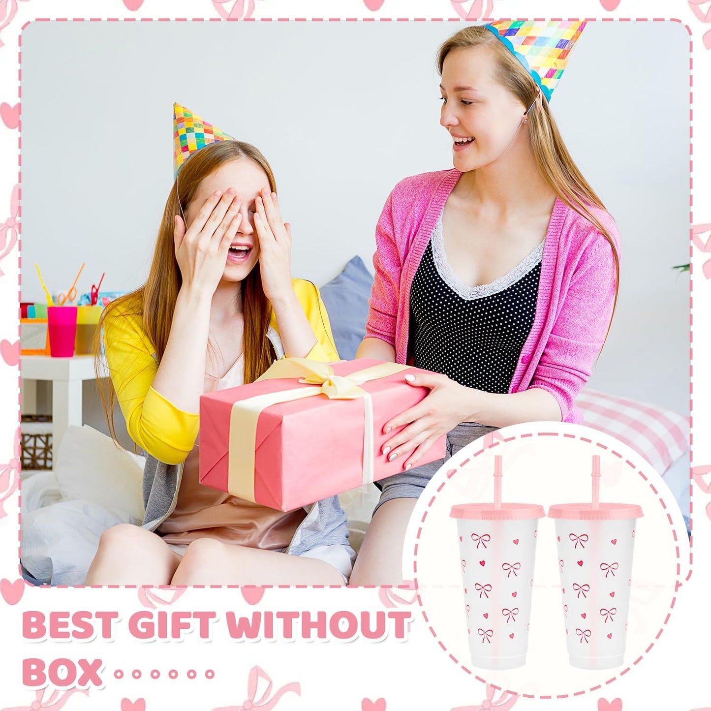 12Pcs 24 oz Blue Bow Plastic Cups with Straw and Lid, Reusable Coquette Bow Tie Cold Cups for Wedding Baby Shower Birthday Party Decor