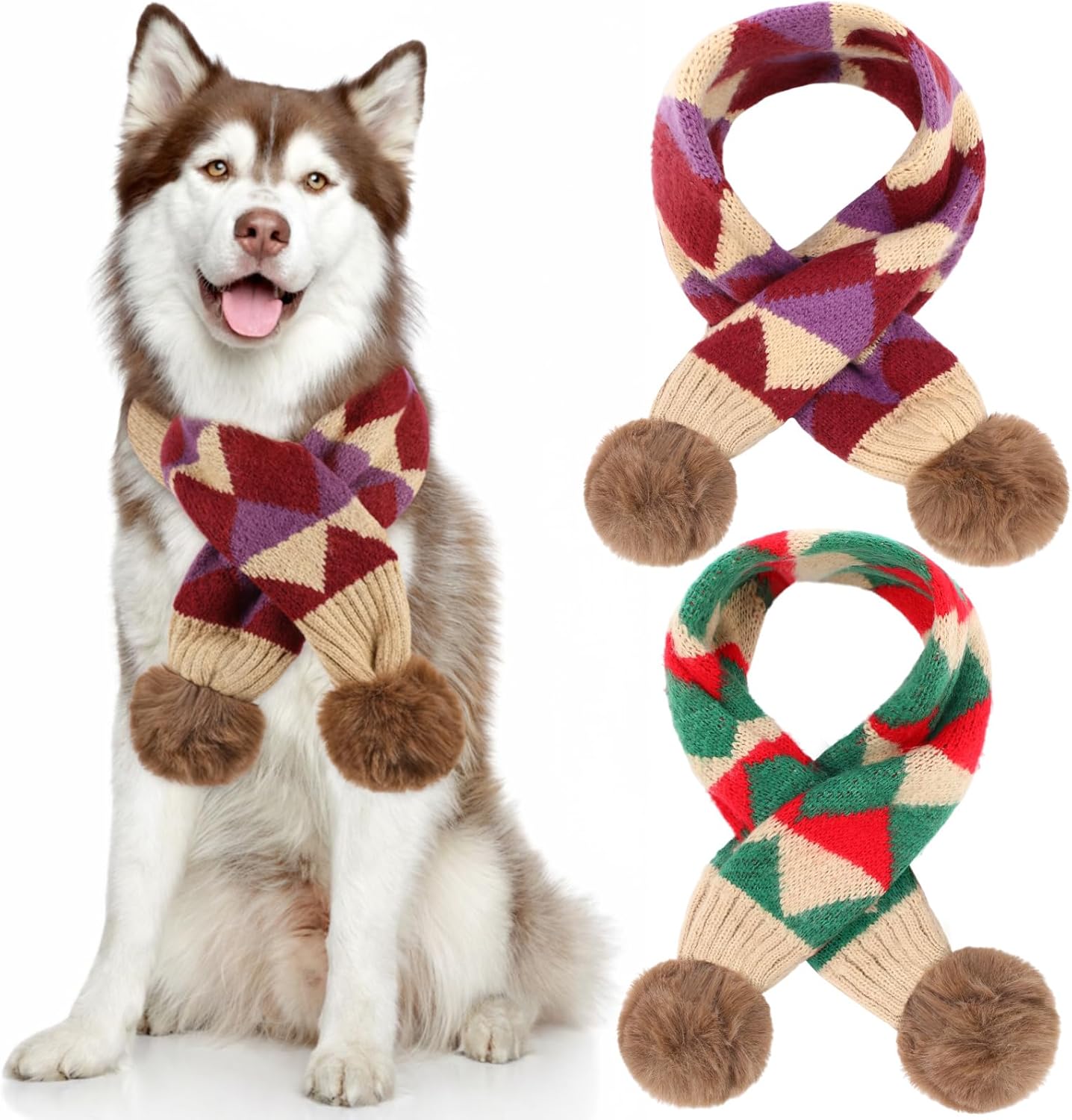 2 Pcs Dog Knitted Scarf Winter Pet Fleece Scarf Dog Warm Scarves with Cute Pompom Puppy Knit Scarves for Small Medium Pet Puppy Cat Winter Holiday Party(Green, Blue,Squares)