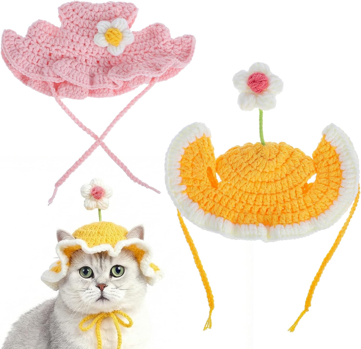 2pcs Cute Flower Cat Hat, Cotton & Soft Cute Knitted Hats for Cats, Halloween Christmas Holiday Party Clothes Birthday Party Puppy Hat for Small Pets, Holiday & Photo Outfit