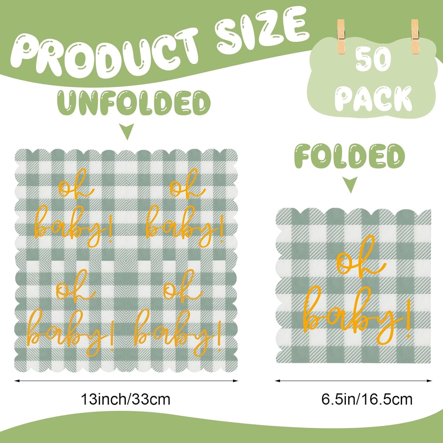 100 Psc Oh Baby Baby Shower Napkins, Gold Oh Baby Napkins in Plaid Sage Green Pattern, Scalloped Edges, 6.5 x 6.5 Inch for baby Welcome Party, Neutral Gender Reveal Decorations