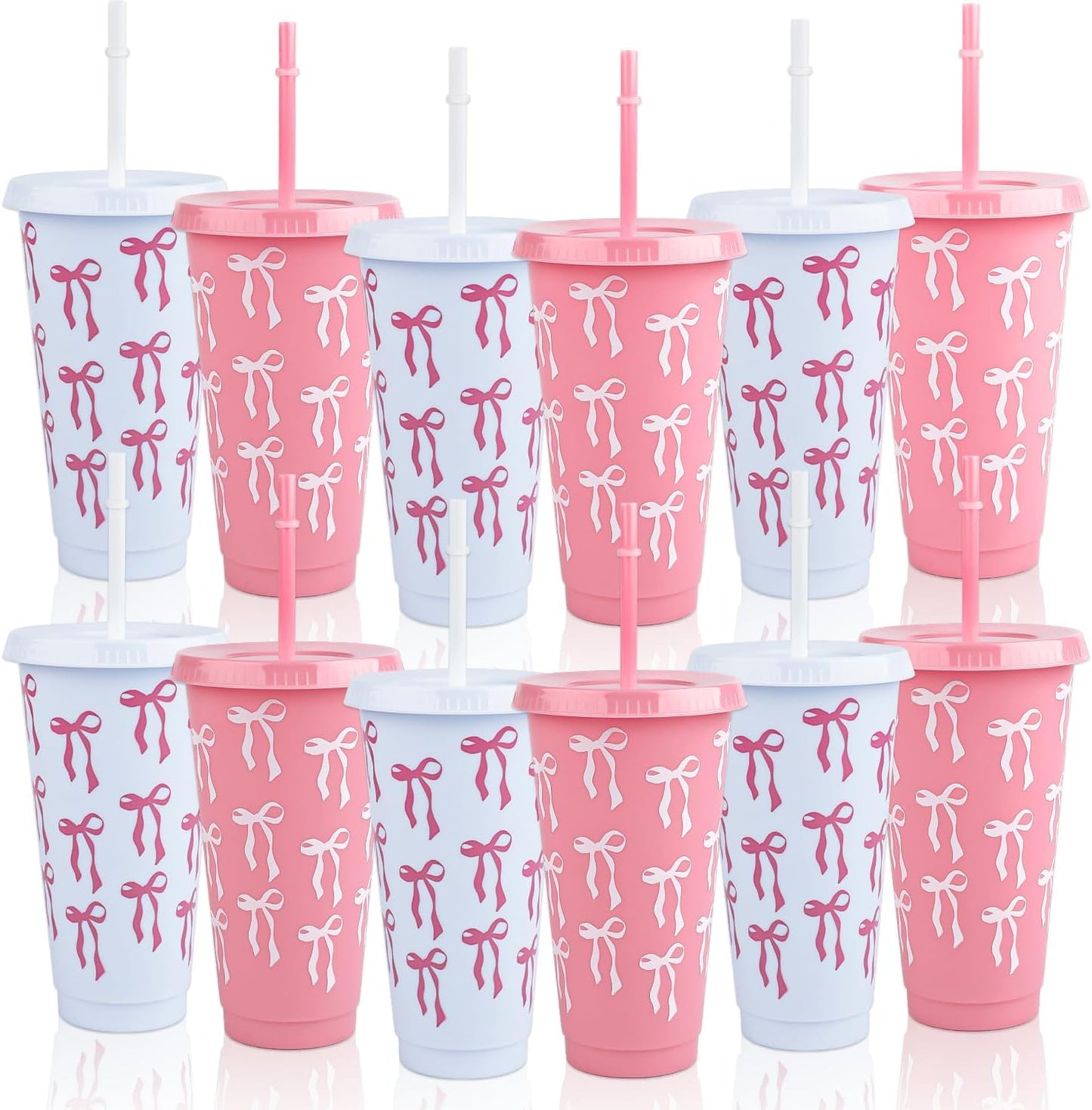 12Pcs 24 oz Blue Bow Plastic Cups with Straw and Lid, Reusable Coquette Bow Tie Cold Cups for Wedding Baby Shower Birthday Party Decor
