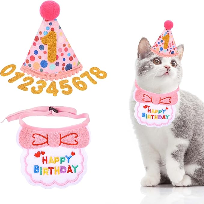 Cat Birthday Outfit Hat and Bib, Cute Pink Girl Kitten Cats Birthday Bandana Set, Adjustable Embroidered Colorful Dot Pet Birthday' Outfits, Cat Party Hats with Dot Hat, 9 Numbers & Scarf