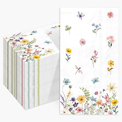 100PCS Spring Wildflower Paper Napkins Disposable Bathroom Hand Towels Green Wild Floral Guest Napkins Decorative Dinner Napkins for Spring Home Holiday Party Supplies