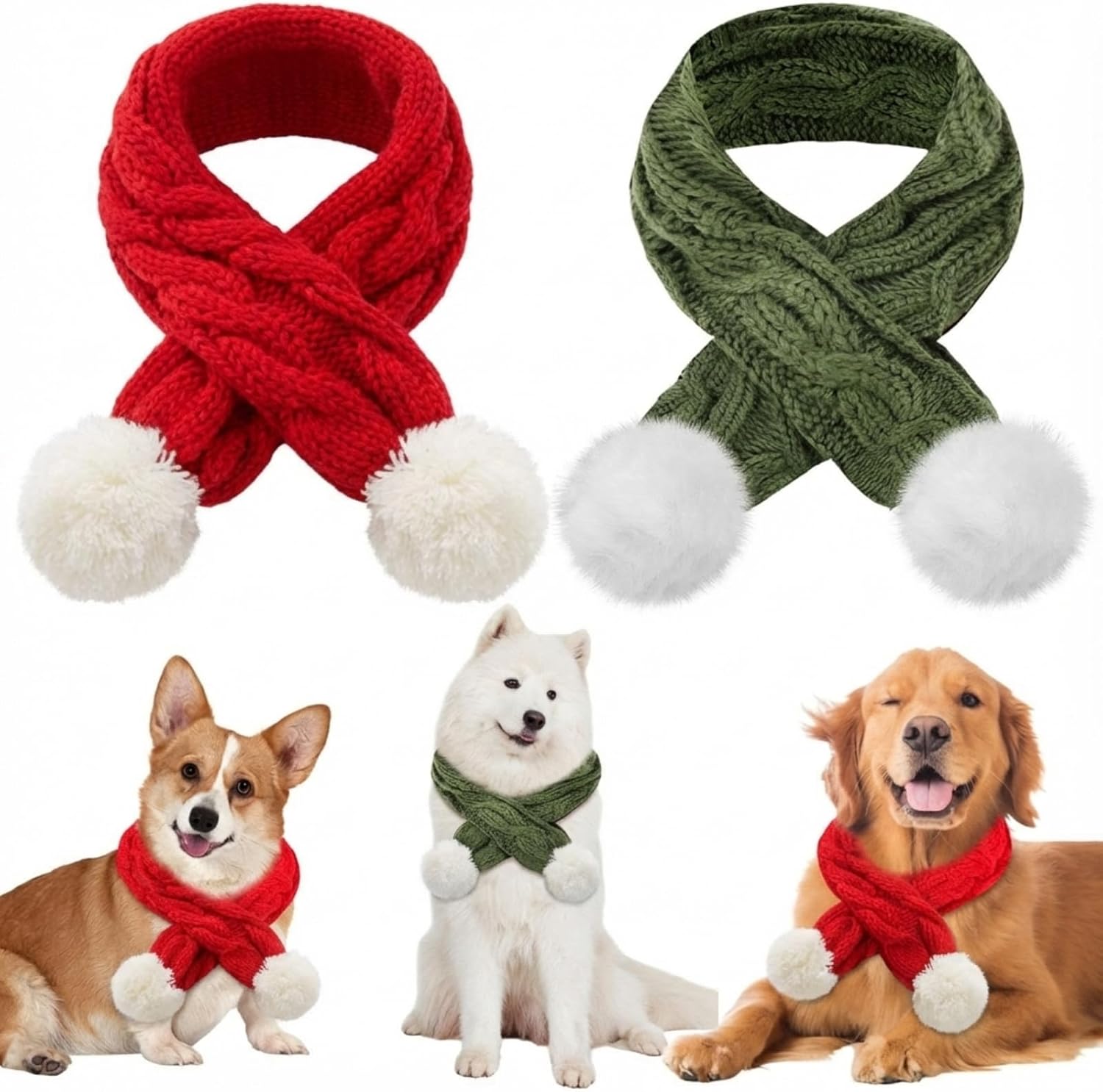 2 Pcs Dog Knitted Scarf Winter Pet Fleece Scarf Dog Warm Scarves with Cute Pompom Puppy Knit Scarves for Small Medium Pet Puppy Cat Winter Holiday Party(Green, Blue,Squares)