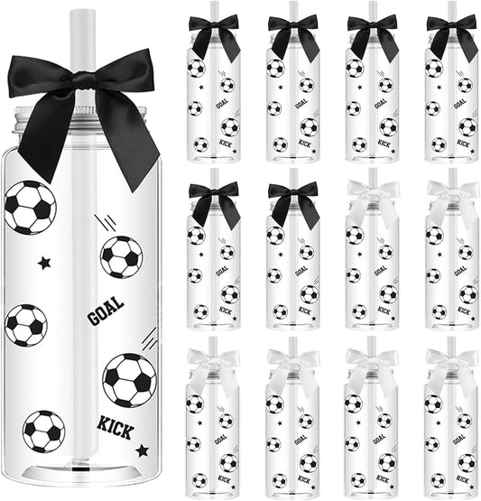 12 Pack 14.2 oz Plastic Cups with Lids and Straws Clear Reusable Cups Twist Bows Tumbler Bottle for Birthday Sports Themed Party Favors Decorations Bulk (Soccer)