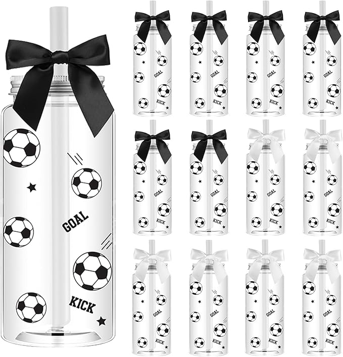 12 Pack 14.2 oz Plastic Cups with Lids and Straws Clear Reusable Cups Twist Bows Tumbler Bottle for Birthday Sports Themed Party Favors Decorations Bulk (Soccer)