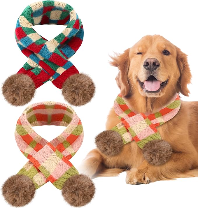 2 Pcs Dog Knitted Scarf Winter Pet Fleece Scarf Dog Warm Scarves with Cute Pompom Puppy Knit Scarves for Small Medium Pet Puppy Cat Winter Holiday Party(Green, Blue,Squares)