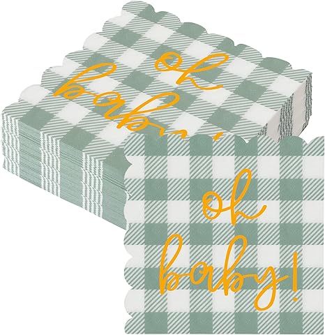 100 Psc Oh Baby Baby Shower Napkins, Gold Oh Baby Napkins in Plaid Sage Green Pattern, Scalloped Edges, 6.5 x 6.5 Inch for baby Welcome Party, Neutral Gender Reveal Decorations