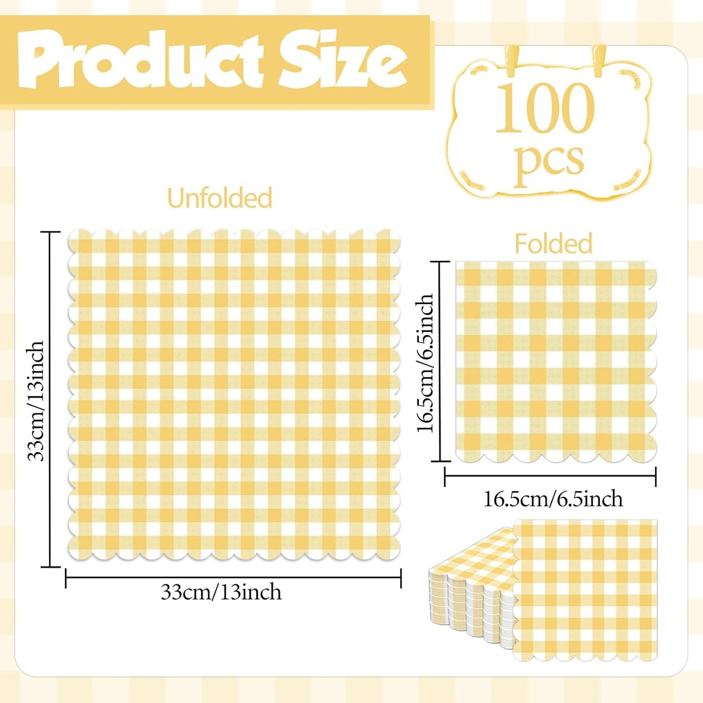 100Pcs 6.5 x 6.5inch Green and White Checkered Scalloped Napkins Disposable Green Plaid Paper Napkins Gingham Party Decorations for Birthday Picnic BBQ Wedding Baby Shower Party Farm Themed Events