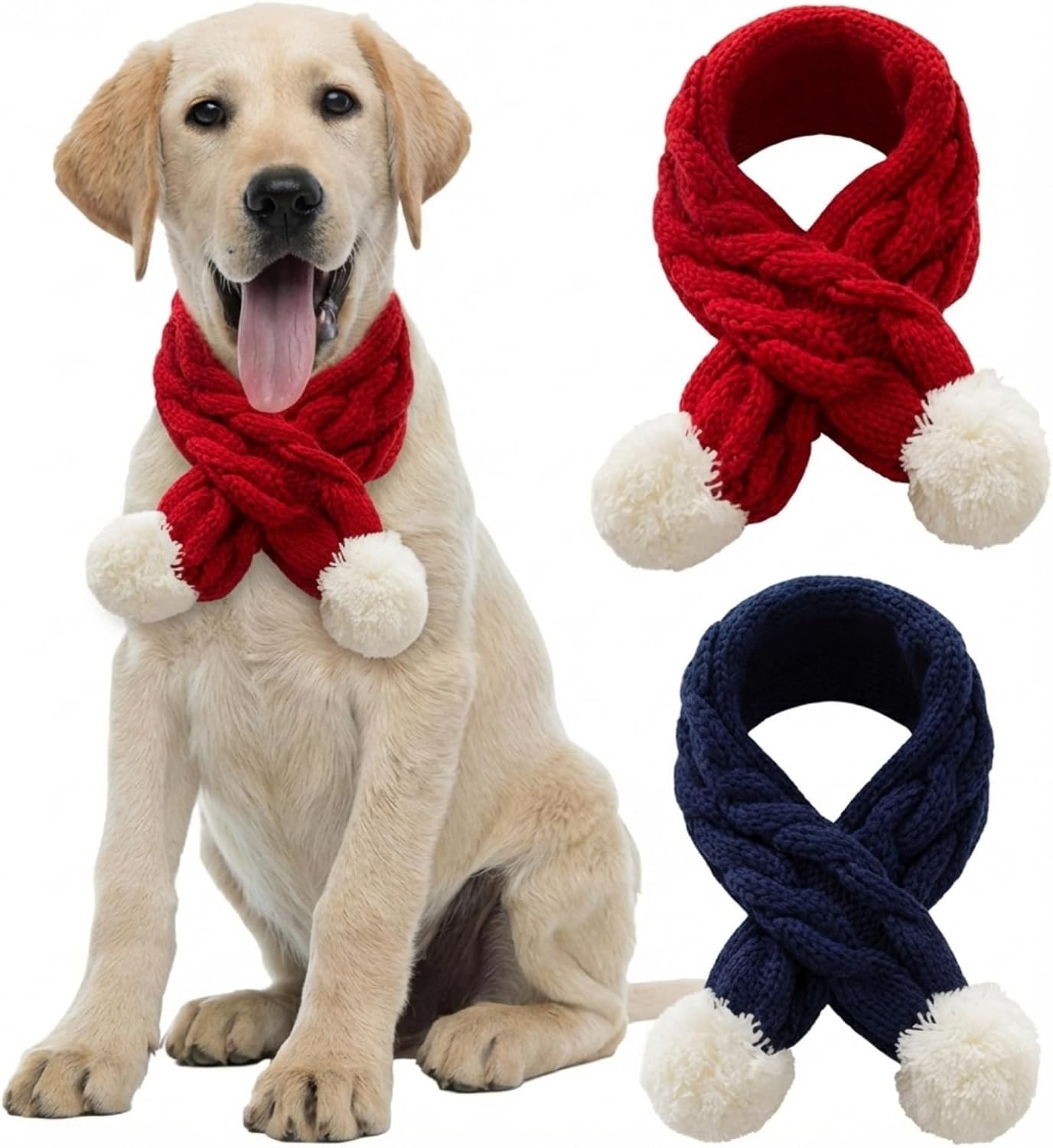 2 Pcs Dog Knitted Scarf Winter Pet Fleece Scarf Dog Warm Scarves with Cute Pompom Puppy Knit Scarves for Small Medium Pet Puppy Cat Winter Holiday Party(Green, Blue,Squares)