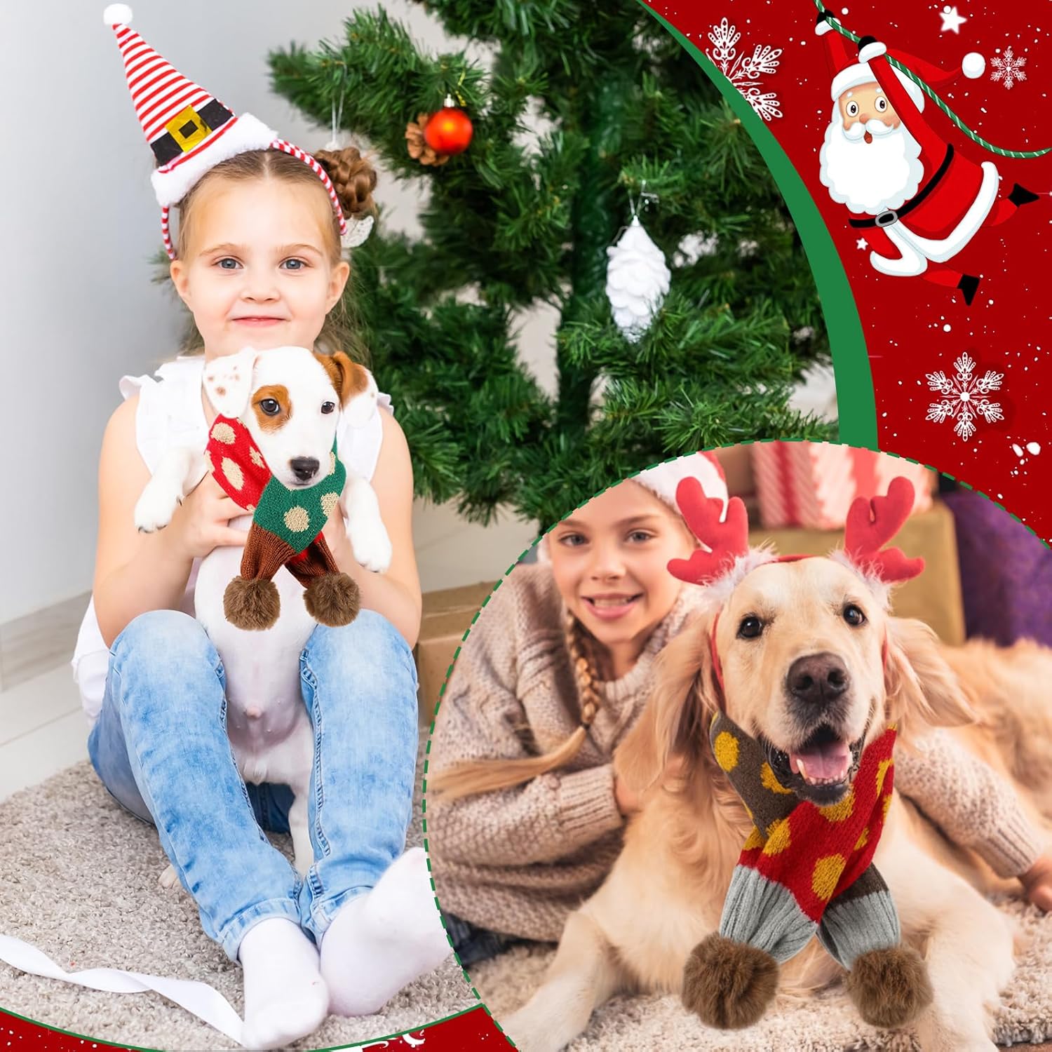 2 Pcs Dog Knitted Scarf Winter Pet Fleece Scarf Dog Warm Scarves with Cute Pompom Puppy Knit Scarves for Small Medium Pet Puppy Cat Winter Holiday Party(Green, Blue,Squares)