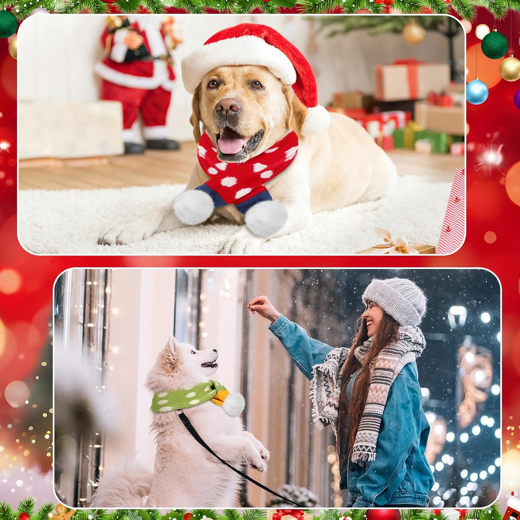 2 Pcs Dog Knitted Scarf Winter Pet Fleece Scarf Dog Warm Scarves with Cute Pompom Puppy Knit Scarves for Small Medium Pet Puppy Cat Winter Holiday Party(Green, Blue,Squares)