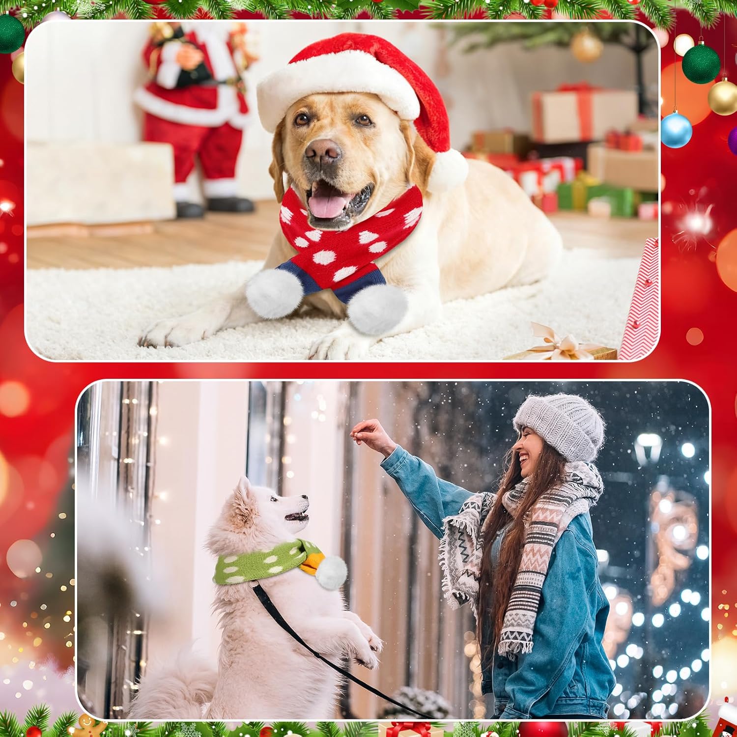 2 Pcs Dog Knitted Scarf Winter Pet Fleece Scarf Dog Warm Scarves with Cute Pompom Puppy Knit Scarves for Small Medium Pet Puppy Cat Winter Holiday Party(Green, Blue,Squares)