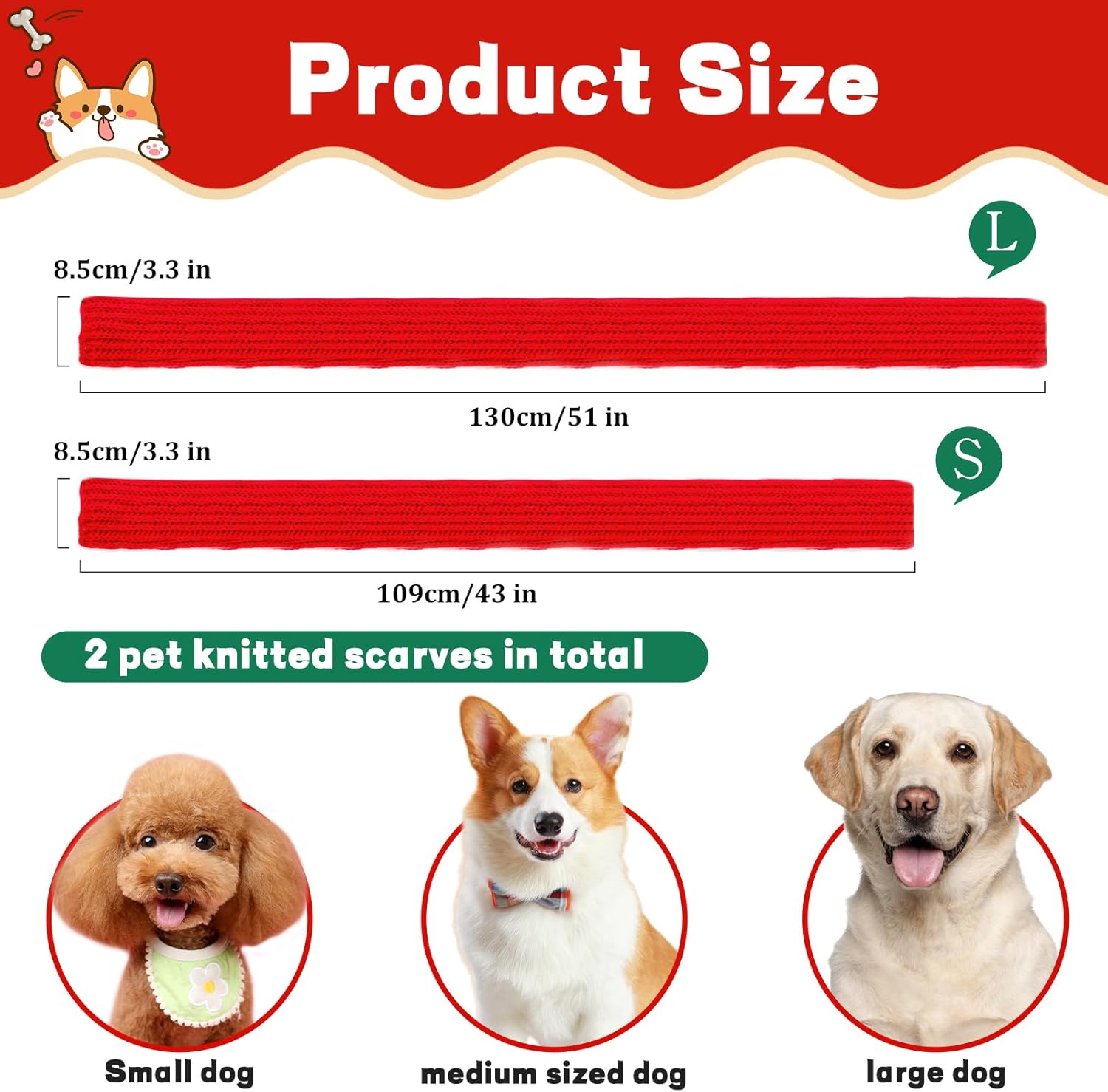 2 Pcs Dog Knit Scarf Set, Red & Green Winter Warm Pet Scarves for Small Medium Large Dogs & Cats, Christmas Neck Accessories for Puppy Kitten Cold Weather Dress Up (Red & Green, Size L – Length 51")