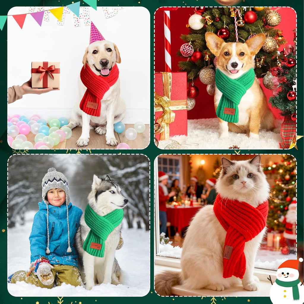 2 Pcs Dog Knit Scarf Set, Red & Green Winter Warm Pet Scarves for Small Medium Large Dogs & Cats, Christmas Neck Accessories for Puppy Kitten Cold Weather Dress Up (Red & Green, Size L – Length 51")