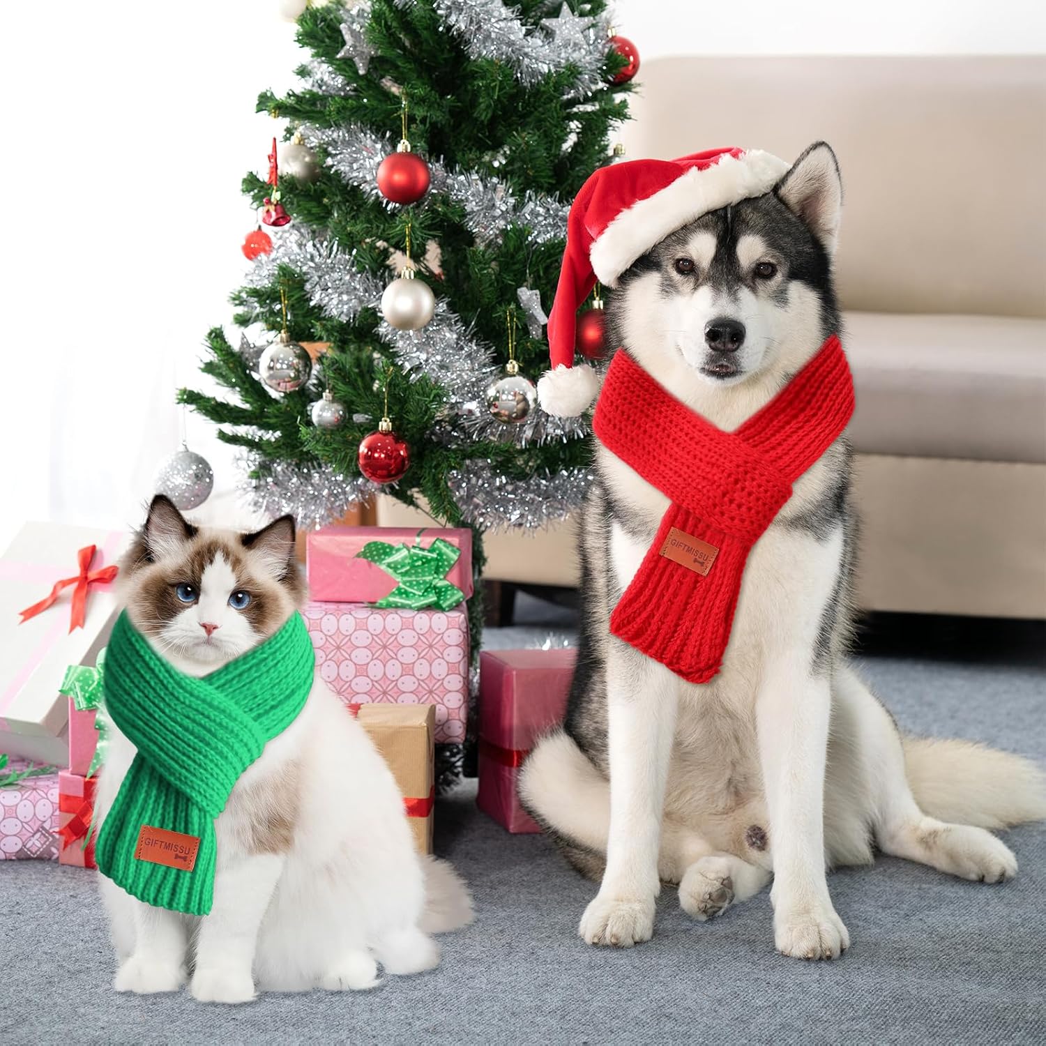 2 Pcs Dog Knit Scarf Set, Red & Green Winter Warm Pet Scarves for Small Medium Large Dogs & Cats, Christmas Neck Accessories for Puppy Kitten Cold Weather Dress Up (Red & Green, Size L – Length 51")