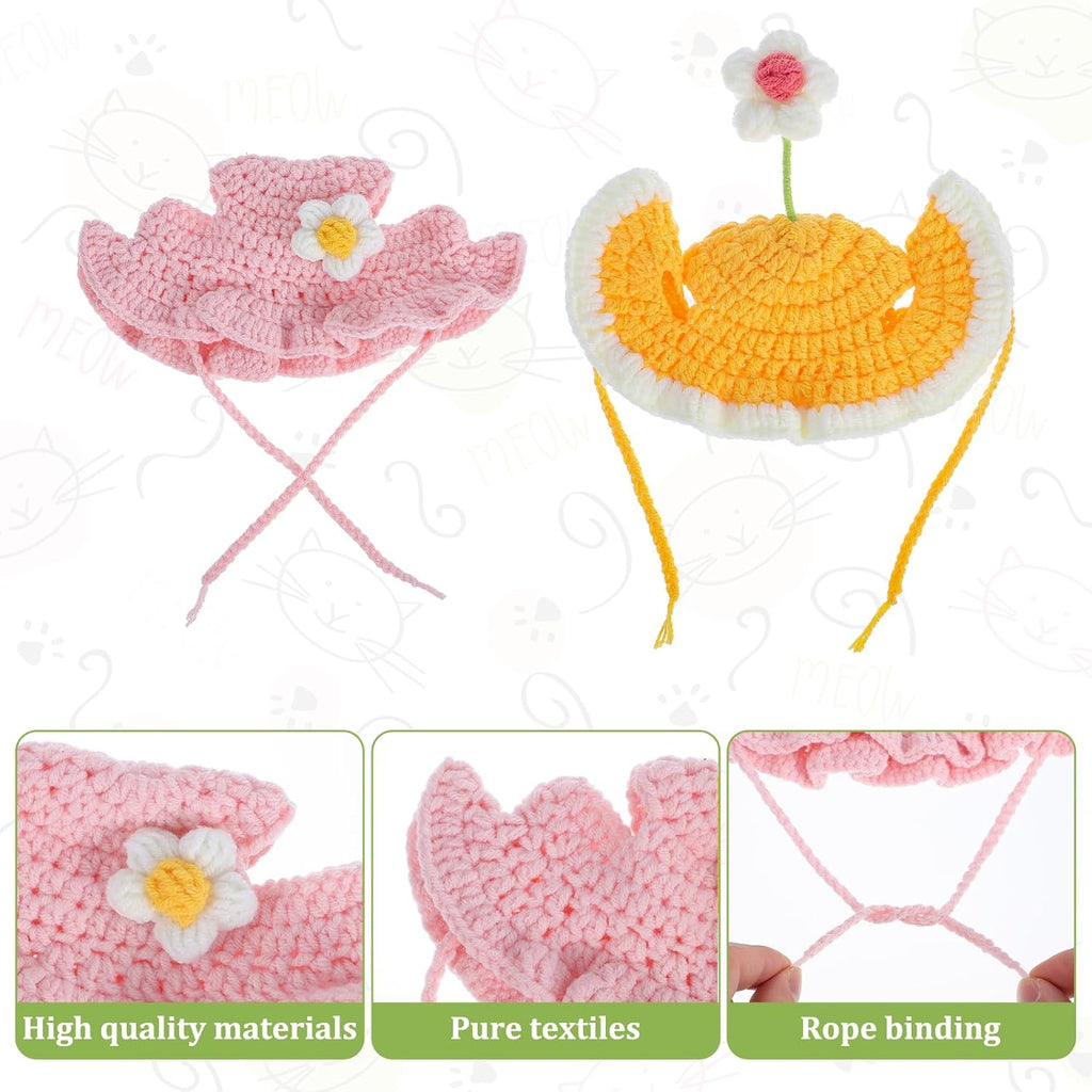 2pcs Cute Flower Cat Hat, Cotton & Soft Cute Knitted Hats for Cats, Halloween Christmas Holiday Party Clothes Birthday Party Puppy Hat for Small Pets, Holiday & Photo Outfit