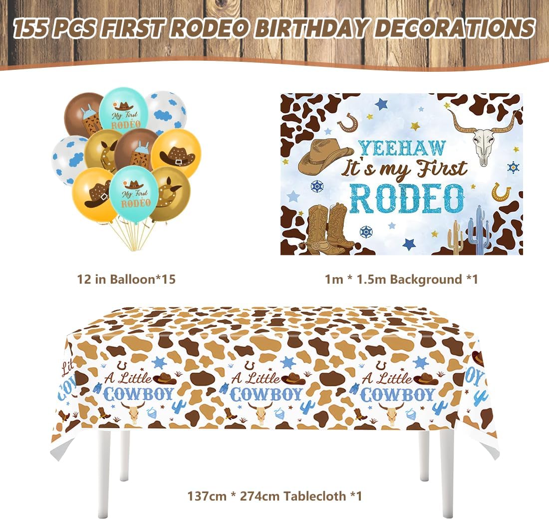 My First Rodeo Decorations for Boys, 158 PCS First Rodeo Birthday Decorations Set, Plates, Forks, Straws, Cups, Napkins, Banners, Balloons, Backdrops, Cake Toppers and Tablecloths, Serves 20 Guests