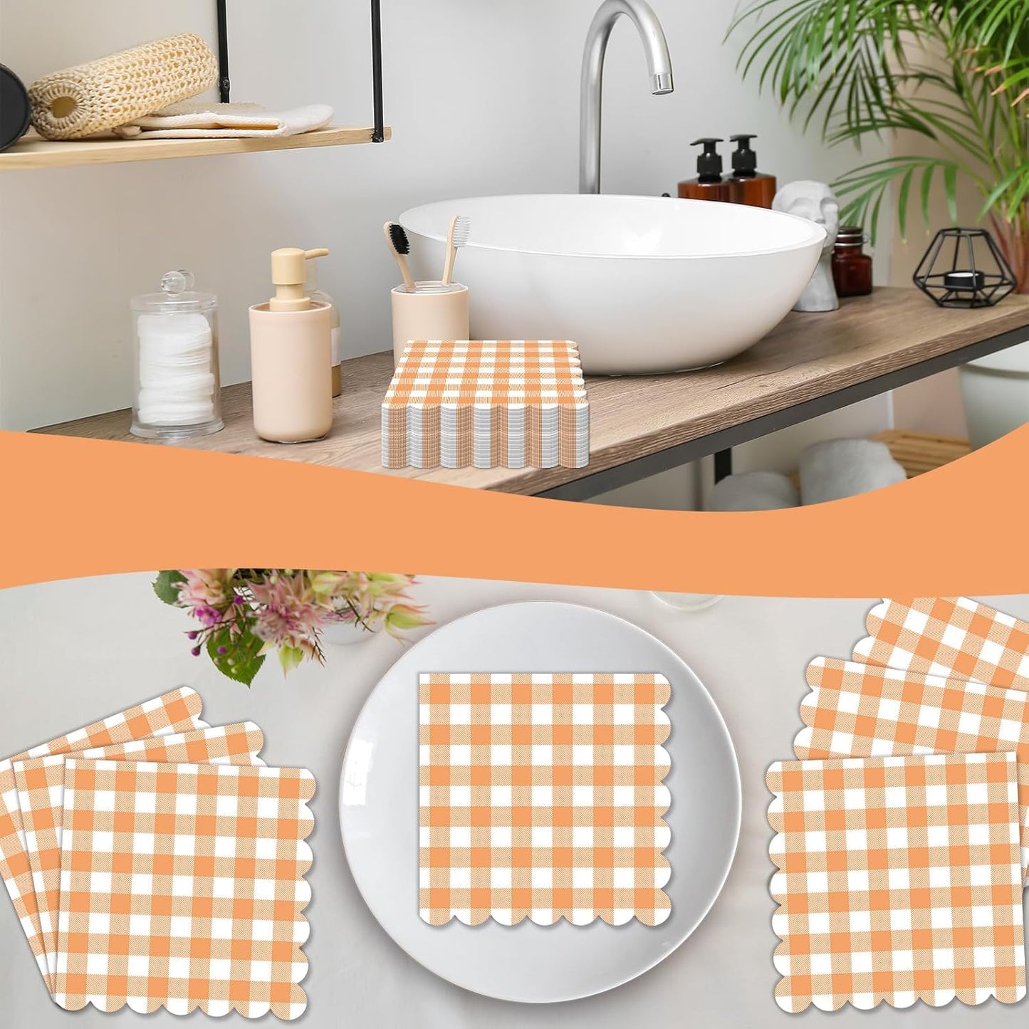 100Pcs 6.5 x 6.5inch Green and White Checkered Scalloped Napkins Disposable Green Plaid Paper Napkins Gingham Party Decorations for Birthday Picnic BBQ Wedding Baby Shower Party Farm Themed Events