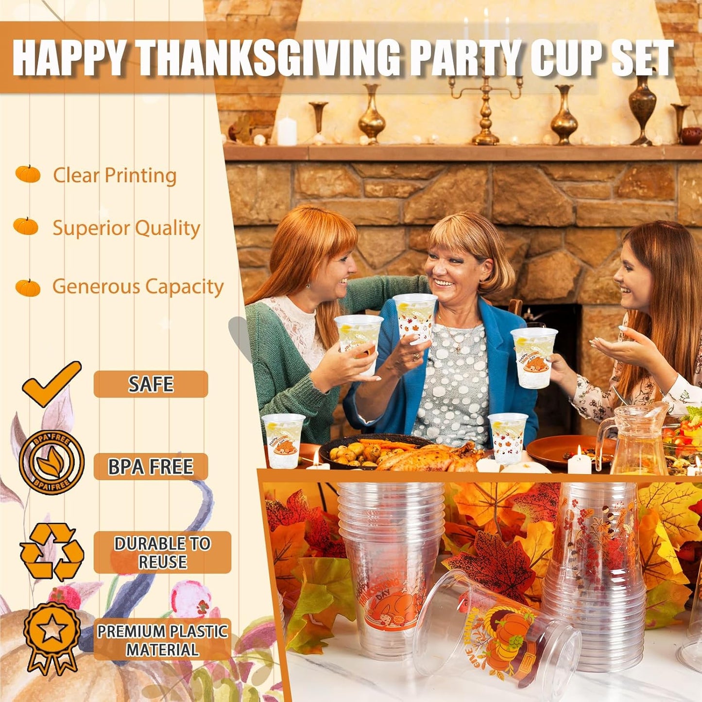 Thanksgiving Party Decoration Disposable Plastic Cups, 100 Pack 12oz Fall Disposable Plastic Cups with Fall Pumpkin Leaf Truck for Thanksgiving Autumn Fall Harvest Wedding Party Decoration Supplies