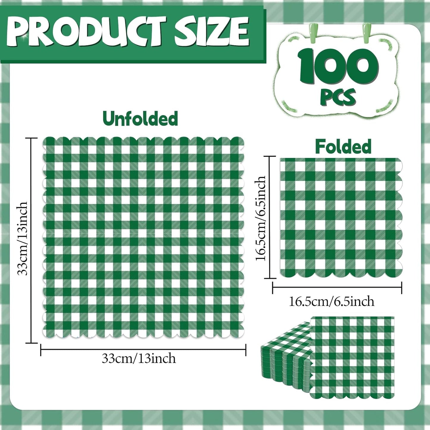 100Pcs 6.5 x 6.5inch Green and White Checkered Scalloped Napkins Disposable Green Plaid Paper Napkins Gingham Party Decorations for Birthday Picnic BBQ Wedding Baby Shower Party Farm Themed Events