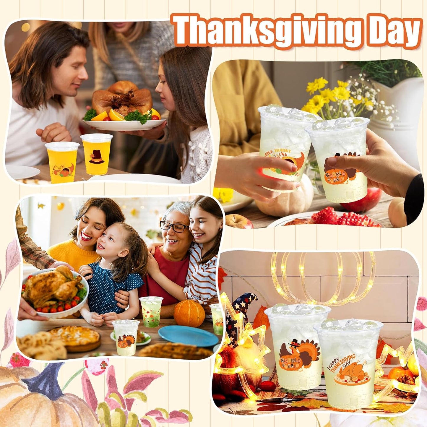 Thanksgiving Party Decoration Disposable Plastic Cups, 100 Pack 12oz Fall Disposable Plastic Cups with Fall Pumpkin Leaf Truck for Thanksgiving Autumn Fall Harvest Wedding Party Decoration Supplies