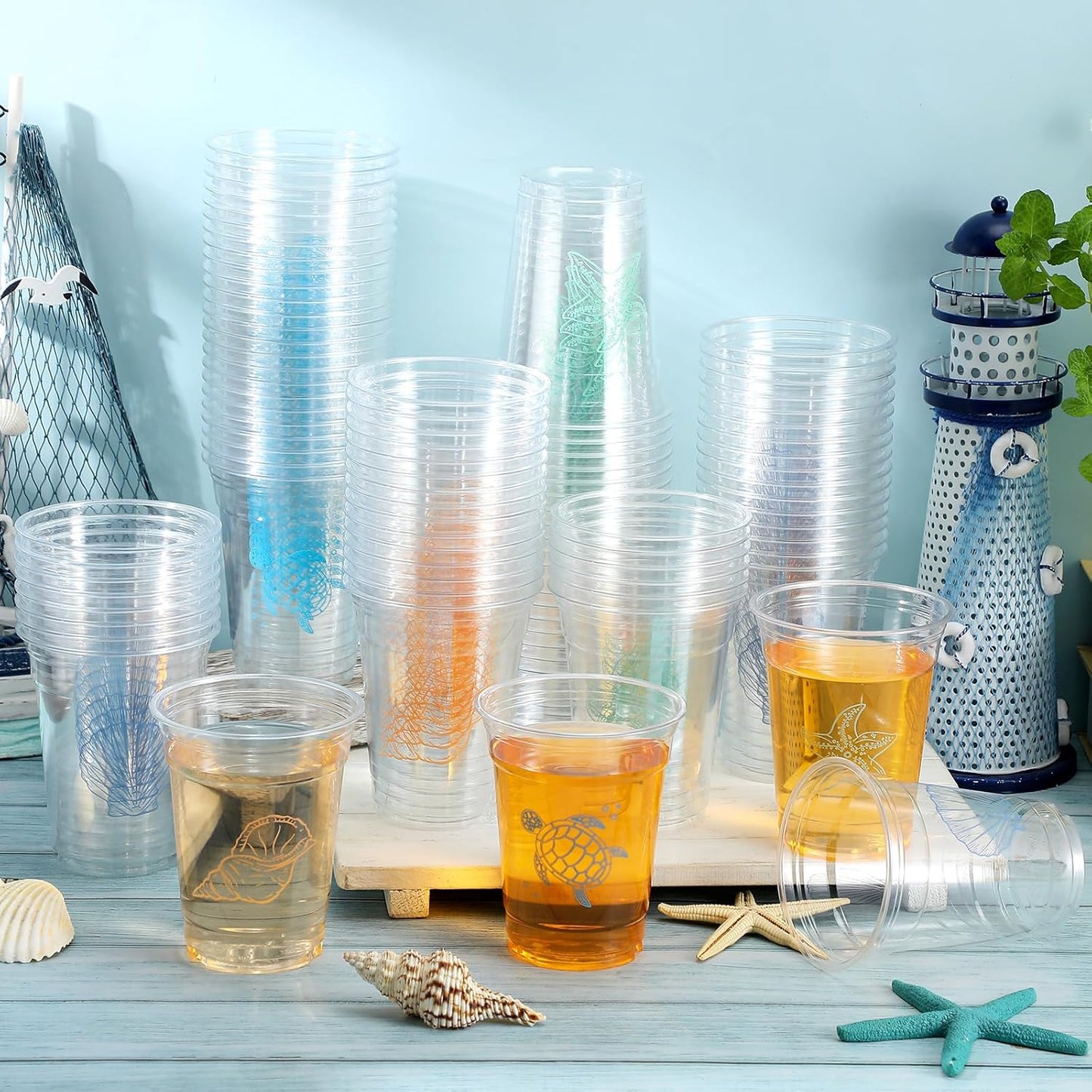 100 Pcs Nautical Disposable Plastic Cups 12 oz Anchor Theme Blue Clear Party Cups Cold Beverage Drinking Container for Nautical Ocean Theme Birthday Party Supplies