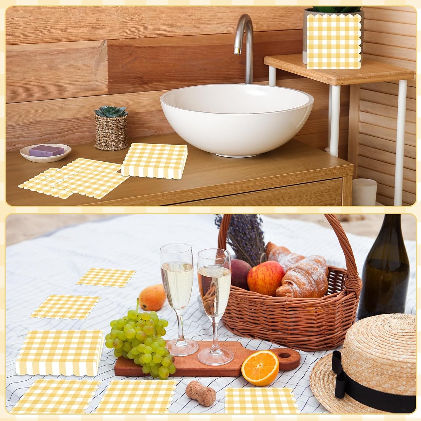 100Pcs 6.5 x 6.5inch Green and White Checkered Scalloped Napkins Disposable Green Plaid Paper Napkins Gingham Party Decorations for Birthday Picnic BBQ Wedding Baby Shower Party Farm Themed Events