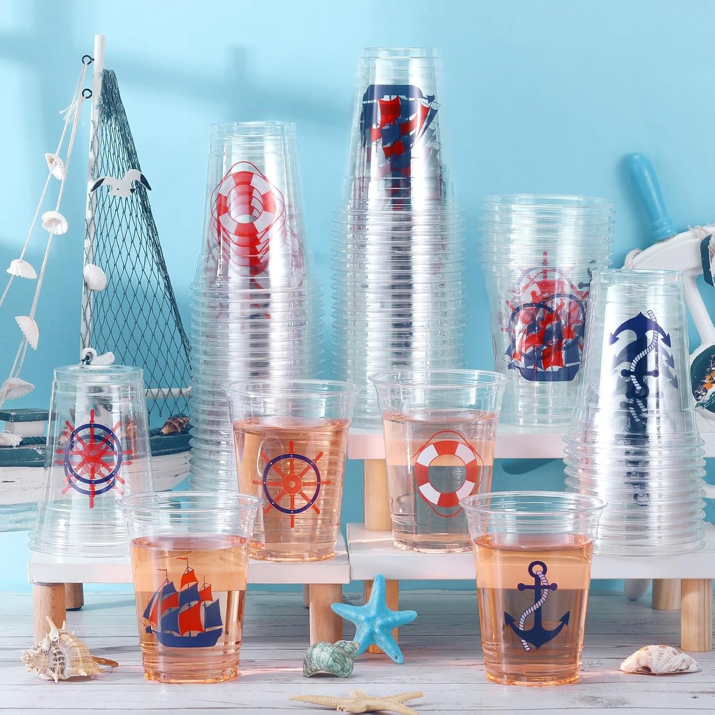 100 Pcs Nautical Disposable Plastic Cups 12 oz Anchor Theme Blue Clear Party Cups Cold Beverage Drinking Container for Nautical Ocean Theme Birthday Party Supplies