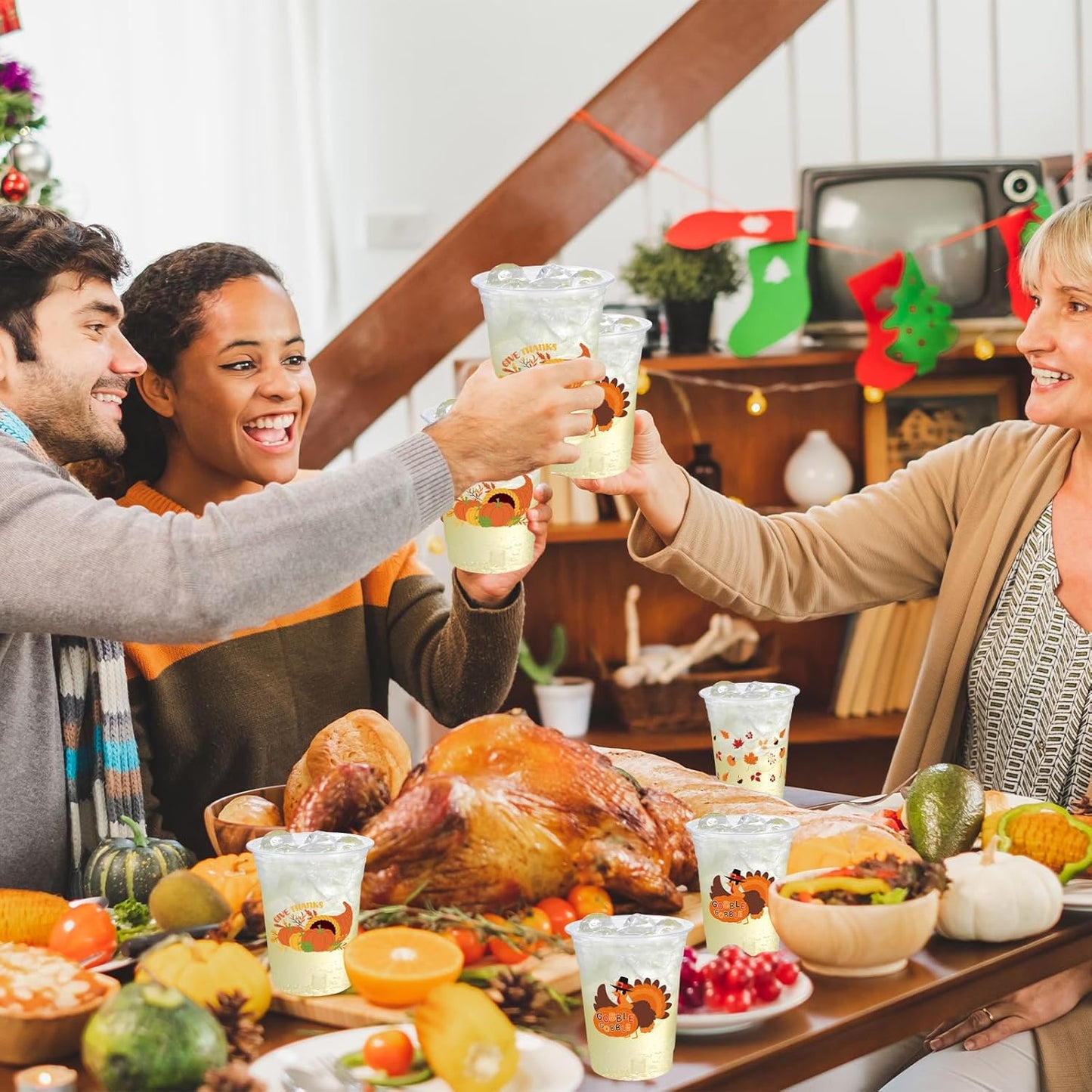 Thanksgiving Party Decoration Disposable Plastic Cups, 100 Pack 12oz Fall Disposable Plastic Cups with Fall Pumpkin Leaf Truck for Thanksgiving Autumn Fall Harvest Wedding Party Decoration Supplies