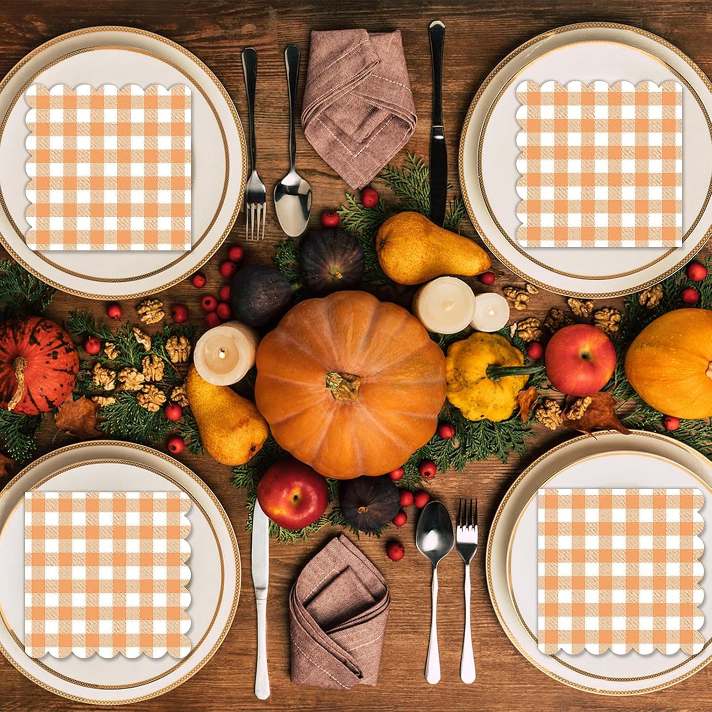 100Pcs 6.5 x 6.5inch Green and White Checkered Scalloped Napkins Disposable Green Plaid Paper Napkins Gingham Party Decorations for Birthday Picnic BBQ Wedding Baby Shower Party Farm Themed Events