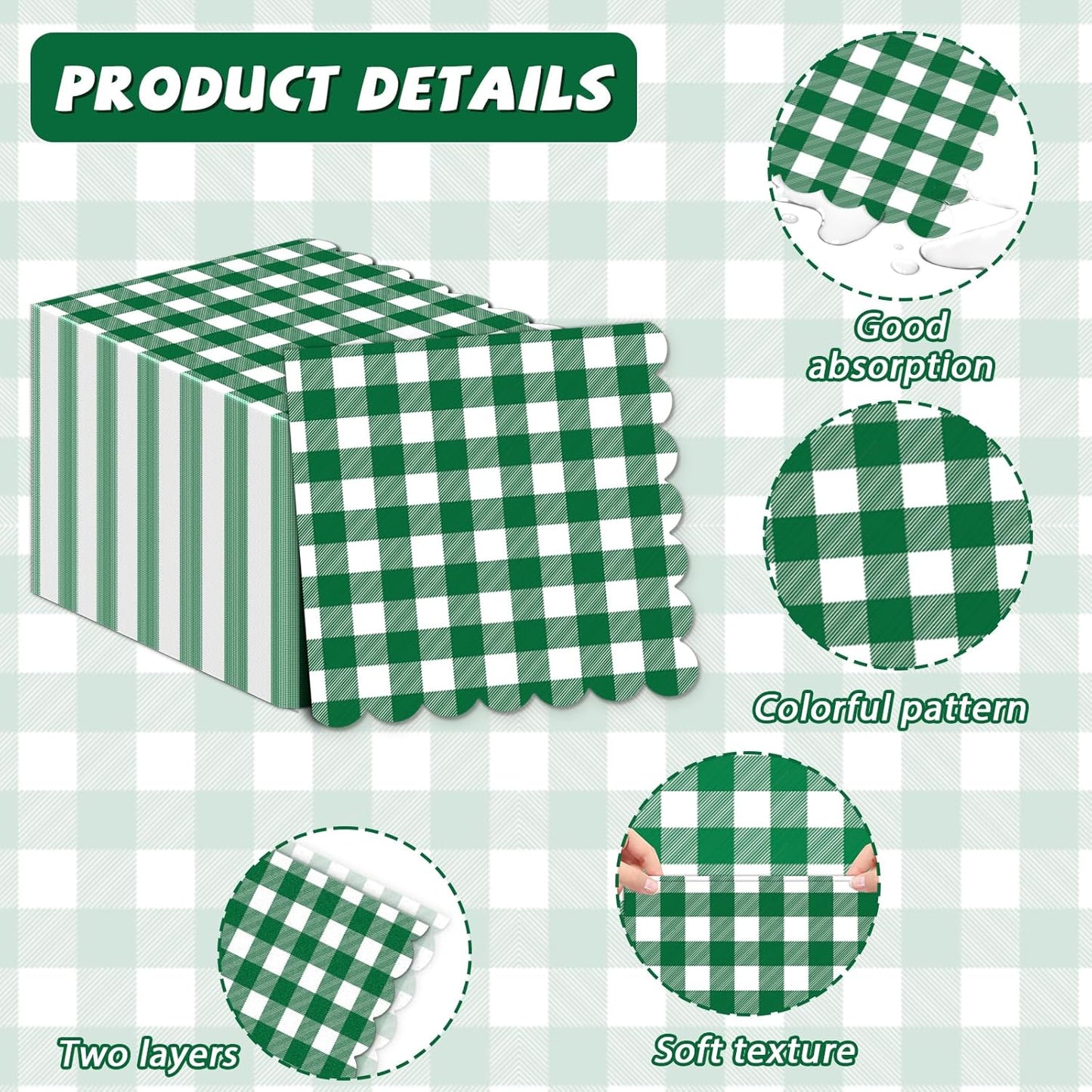 100Pcs 6.5 x 6.5inch Green and White Checkered Scalloped Napkins Disposable Green Plaid Paper Napkins Gingham Party Decorations for Birthday Picnic BBQ Wedding Baby Shower Party Farm Themed Events