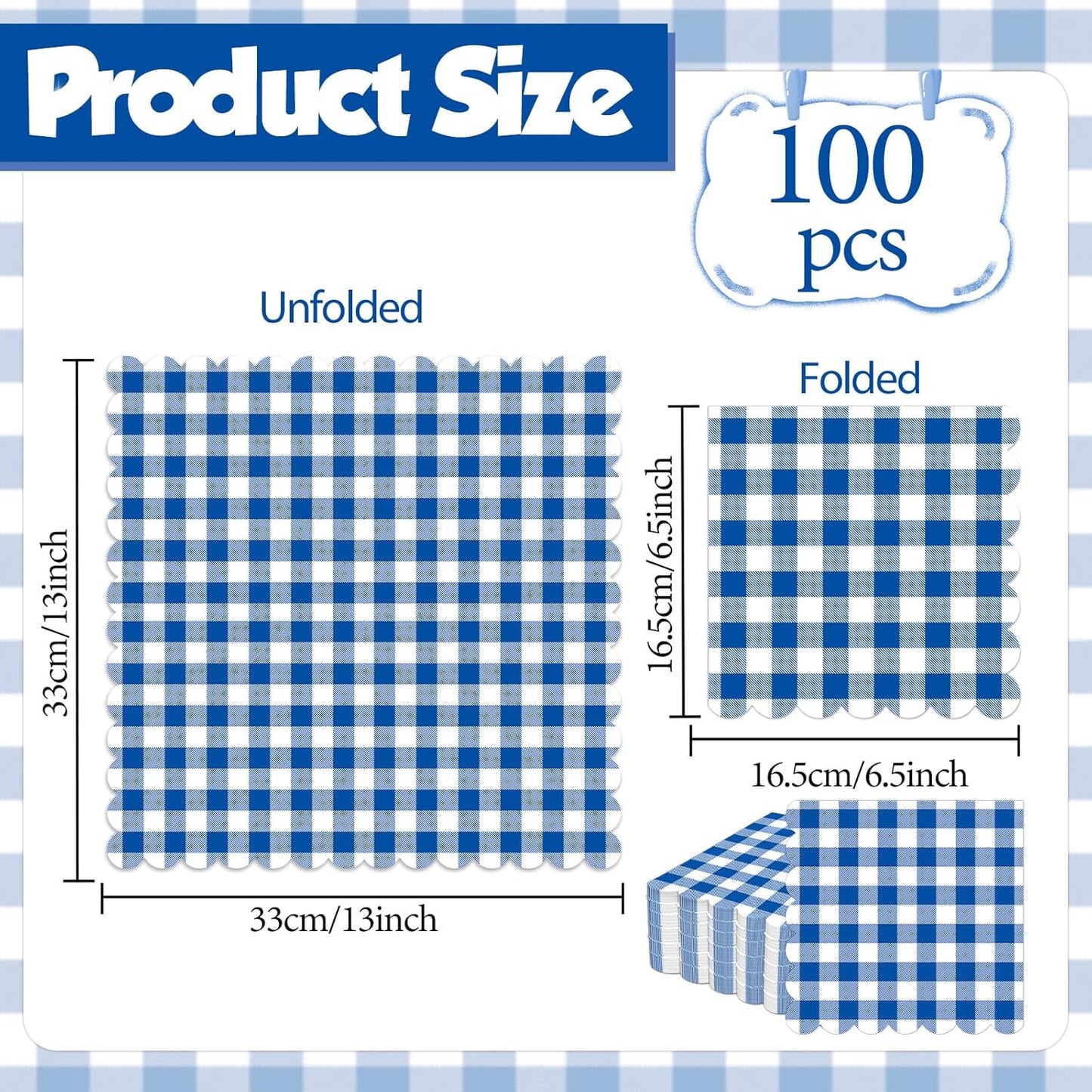 100Pcs 6.5 x 6.5inch Green and White Checkered Scalloped Napkins Disposable Green Plaid Paper Napkins Gingham Party Decorations for Birthday Picnic BBQ Wedding Baby Shower Party Farm Themed Events