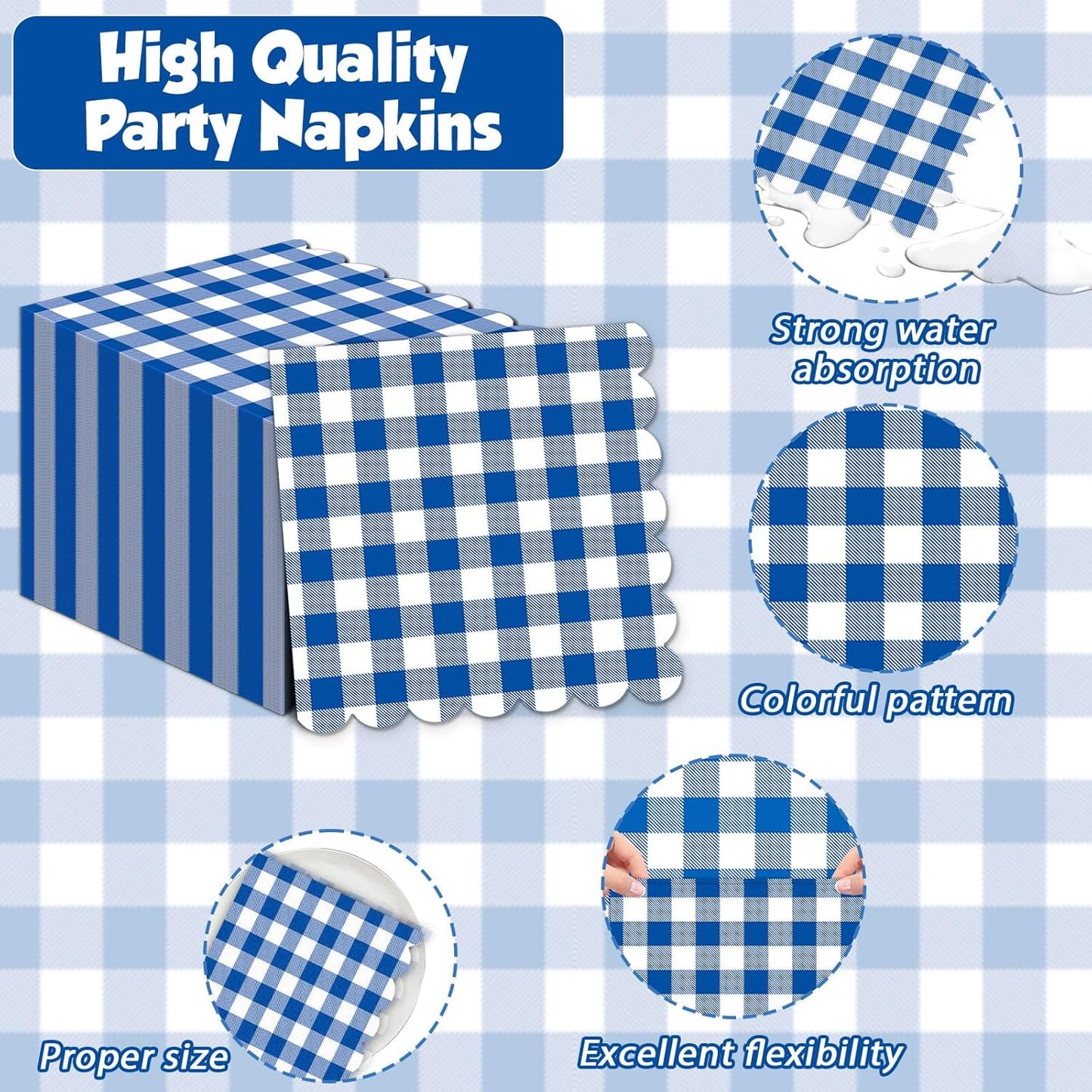 100Pcs 6.5 x 6.5inch Green and White Checkered Scalloped Napkins Disposable Green Plaid Paper Napkins Gingham Party Decorations for Birthday Picnic BBQ Wedding Baby Shower Party Farm Themed Events