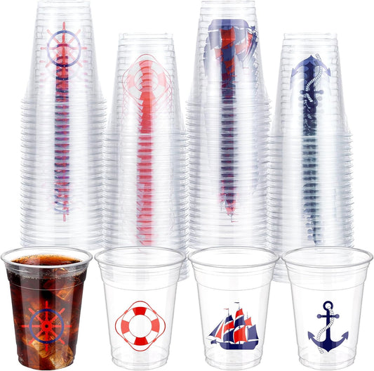 100 Pcs Nautical Disposable Plastic Cups 12 oz Anchor Theme Blue Clear Party Cups Cold Beverage Drinking Container for Nautical Ocean Theme Birthday Party Supplies