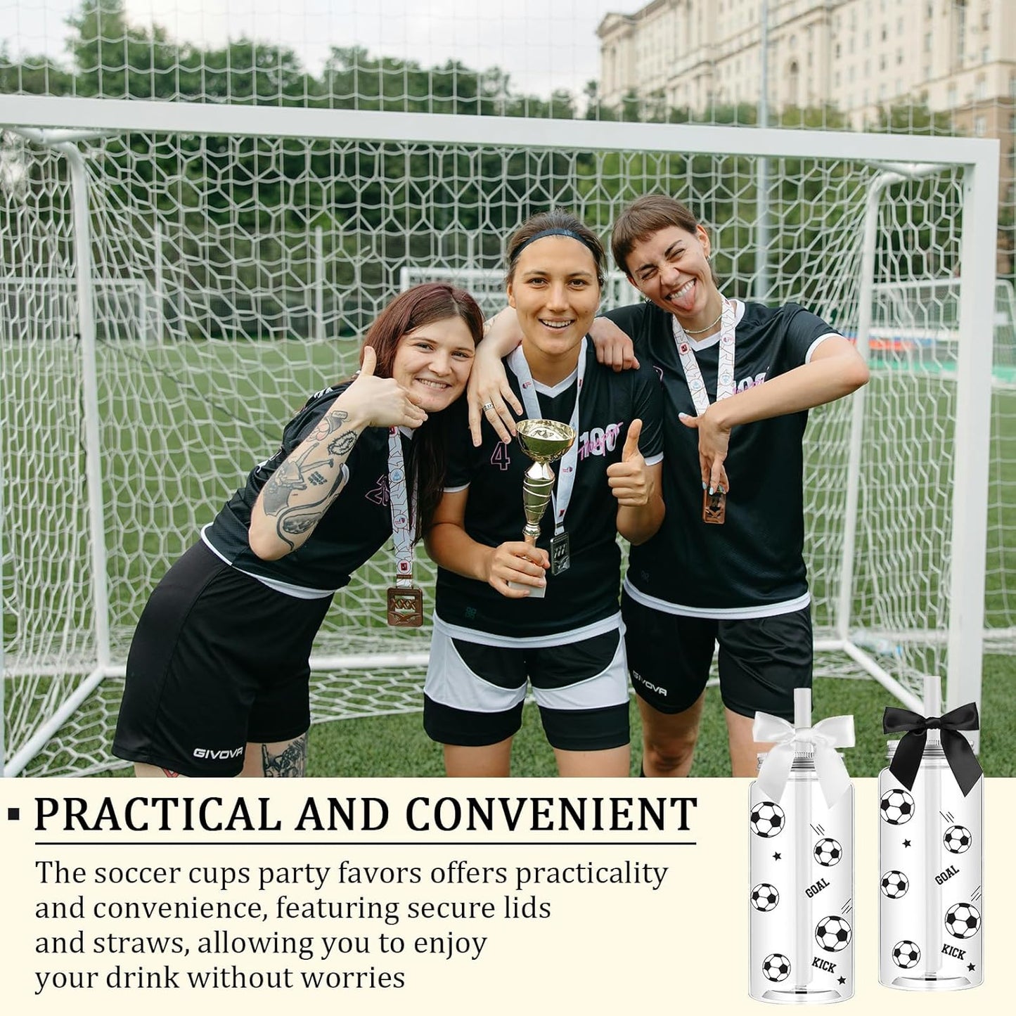 12 Pack 14.2 oz Plastic Cups with Lids and Straws Clear Reusable Cups Twist Bows Tumbler Bottle for Birthday Sports Themed Party Favors Decorations Bulk (Soccer)