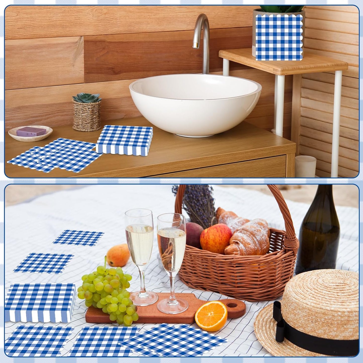 100Pcs 6.5 x 6.5inch Green and White Checkered Scalloped Napkins Disposable Green Plaid Paper Napkins Gingham Party Decorations for Birthday Picnic BBQ Wedding Baby Shower Party Farm Themed Events