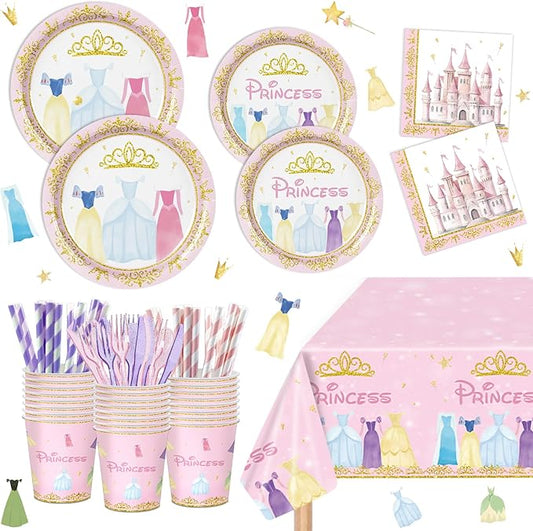 Magical Princess Party Decorations Kit Serves 20 Guests - 161pc Pink Princess Theme Plates, Cutlery, Cups & Shimmer Tablecloths for Birthdays, Baby Showers & Celebrations! Instant Kids ’Party Setup