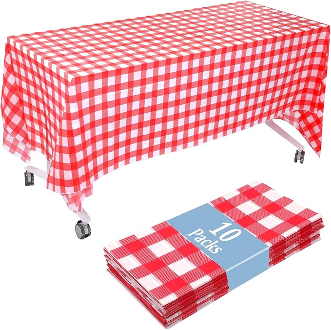 10 Pcs Red and White Checkered Tablecloth Picnic Table Cover Plastic Disposable Plaid Picnic Tablecloths Rectangle Party Table Cover for Birthday Wedding, 54 x 108 Inch