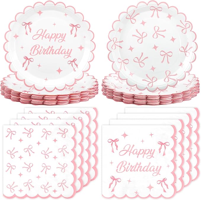 100PCS Pink Bow Party Plates and Napkins Pink Bow Birthday Tableware Set Coquette Birthday Party Supplies Serve 50 Guests for Women Birthdays Girl Bachelorette Coquette Tableware Supplies