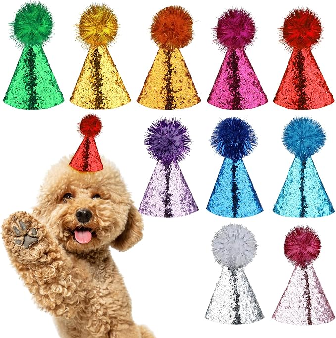 10 Pack Mini Small Dog Hats Cat Birthday Party Hat with Sequins Puppy, Birthday Party Hats Cats Adjustable Holiday Hat, Felt Pom Pom Headband Pet Grooming Costume Accessories