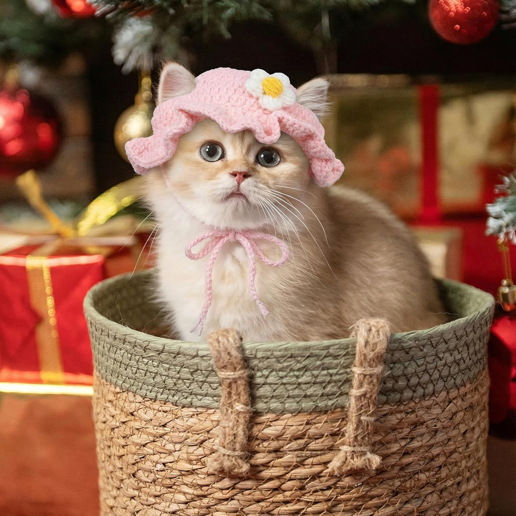 2pcs Cute Flower Cat Hat, Cotton & Soft Cute Knitted Hats for Cats, Halloween Christmas Holiday Party Clothes Birthday Party Puppy Hat for Small Pets, Holiday & Photo Outfit
