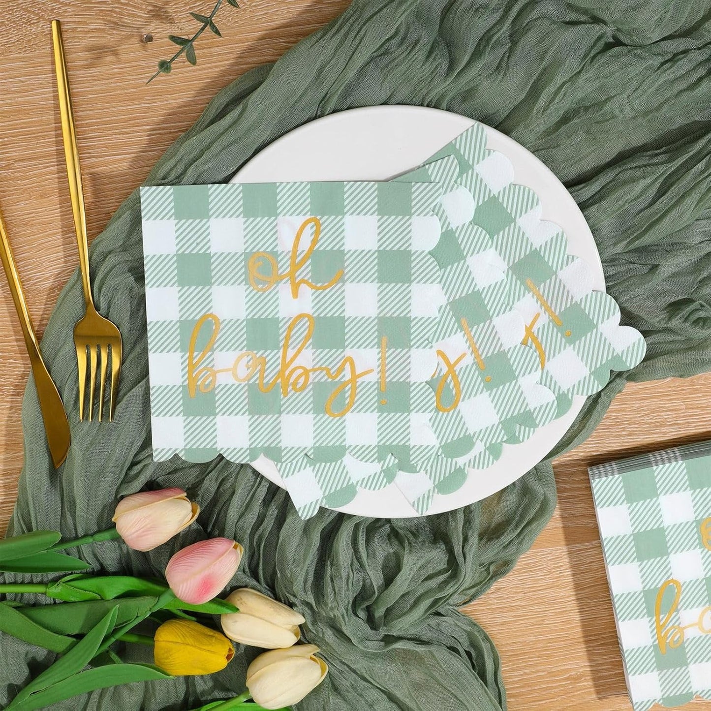 100 Psc Oh Baby Baby Shower Napkins, Gold Oh Baby Napkins in Plaid Sage Green Pattern, Scalloped Edges, 6.5 x 6.5 Inch for baby Welcome Party, Neutral Gender Reveal Decorations